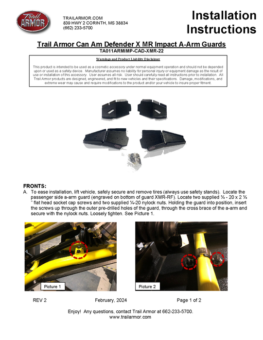 Trail Armor Can Am Defender Pro Lonestar, Can Am Defender X MR, Defender Max X MR, Defender DPS Cab, Defender Limited, Defender Max Limited, Defender Pro Limited, Defender Max Lonestar Cab iMpact A-Arm guards for FACTORY ARCHED A-ARMS