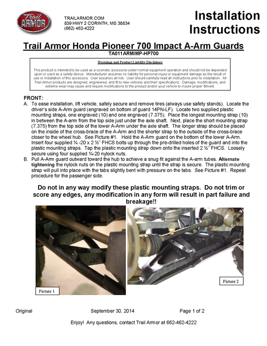 Trail Armor Honda Pioneer 700 and Honda Pioneer 700-4 iMpact A-Arm Guards 2014-2024