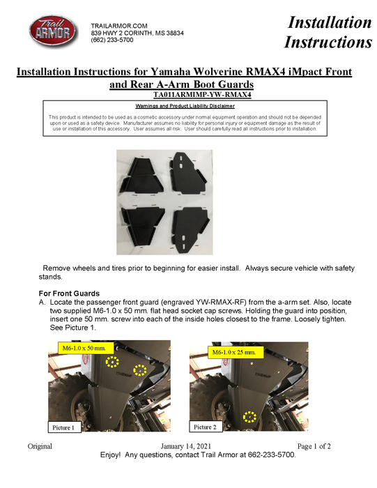 Trail Armor Yamaha Wolverine RMAX4, RMAX4 1000 X-TR, RMAX4 1000 LT Edition iMpact A-Arm Guards 2021 - 2024