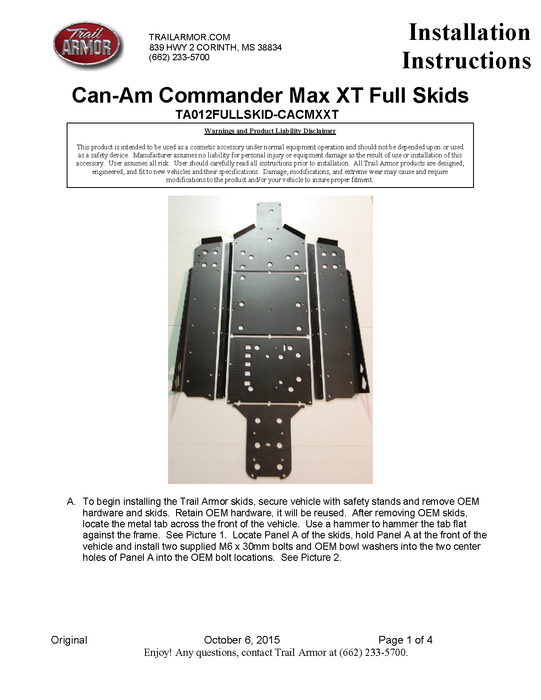 Trail Armor Can Am Commander Max XT, Commander Max and Commander Max Limited Full Skids with Integrated Slider Nerfs 2014-2020