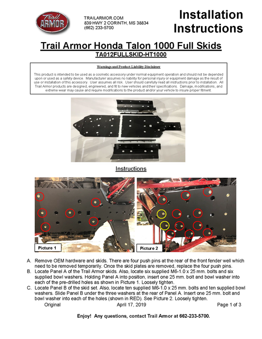 Trail Armor Honda Talon 1000 R and 1000 X, Talon 1000 R and X Fox Live Valve, and Talon 10000 XS and RS Editions Full Skids
