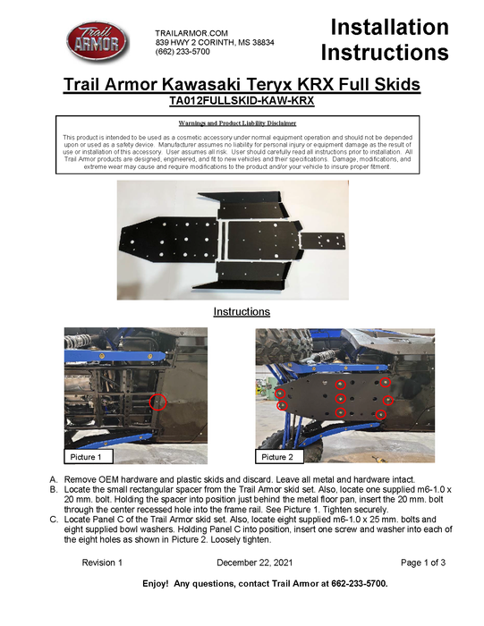 Trail Armor 2020 - 2024 Kawasaki KRX 1000, KRX 1000 Special Edition, KRX 1000 Trail Edition and KRX 1000 eS Full Skids with Integrated Side Skid Plates