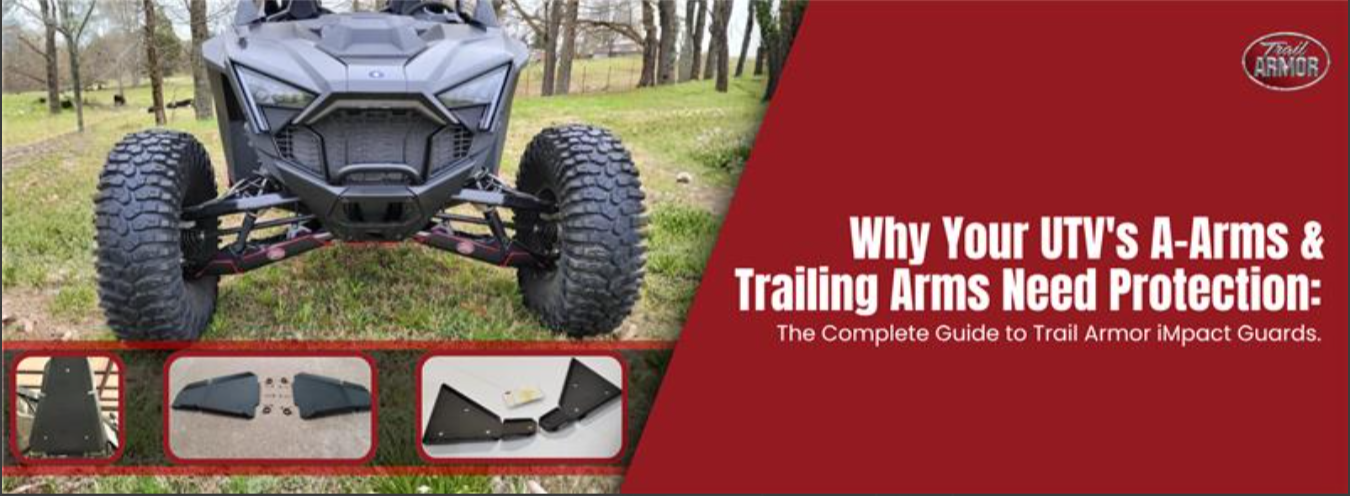 Trail Armor iMpact Guards for UTV A-arms and trailing arms, shown on and off vehicle