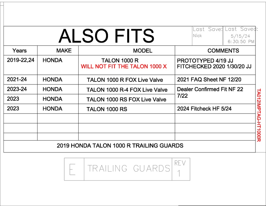 Trail Armor 2019 - 2024 Honda Talon 1000 R, 2021 - 2024 Talon 1000 R Fox Live Valve Edition and Talon 1000 RS iMpact Trailing Arm Guards