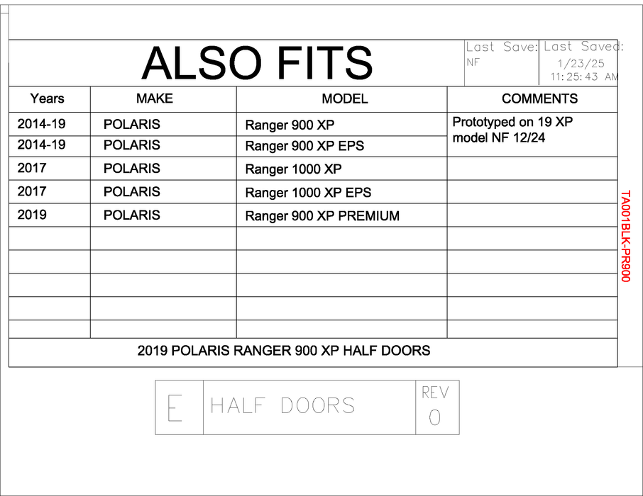 Trail Armor Ranger XP 900, Ranger XP 900 EPS, Ranger XP 1000, Ranger XP 1000 EPS, Range XP 900 Premium Half Doors 2014 - 2019