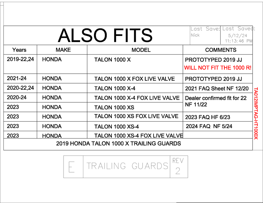 Trail Armor Honda Talon 1000X, Talon 1000X Fox Live Valve, Talon 1000X-4, Talon 1000 X-4 Fox Live Valve, Honda Talon 1000 XS, Talon 1000 XS Fox Live Valve, Talon 1000 XS-4 and Talon 1000 XS-4 Fox Live Valve