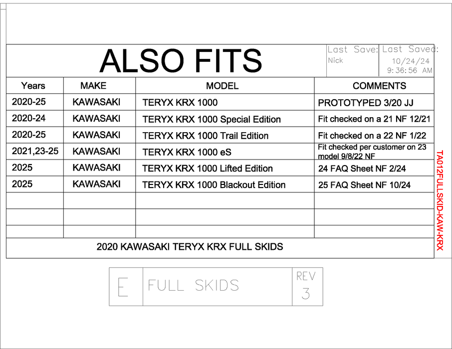 Trail Armor Kawasaki KRX 1000 (all editions) Full Skids with Integrated Slider Nerfs 2020 - 2025