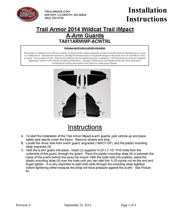 Trail Armor Arctic Cat Wildcat Trail iMpact A-Arm Guards 2014 - 2017