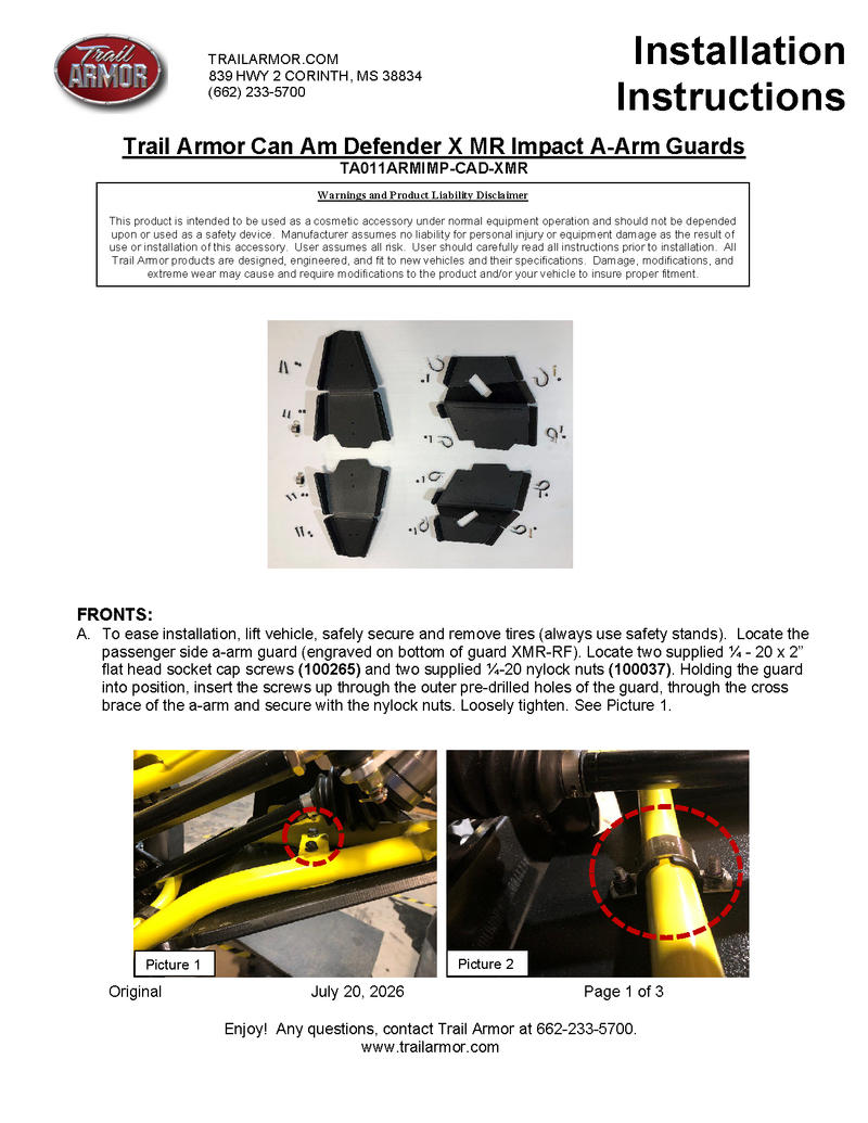 Trail Armor 2018 - 2021 Can Am Defender and Can Am Defender Max iMpact A-Arm Guards for FACTORY ARCHED A-ARMS
