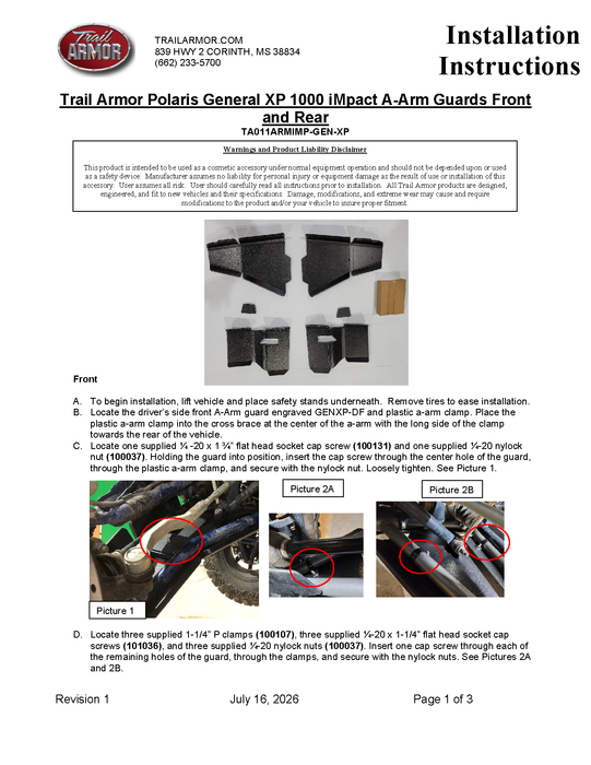 Trail Armor Polaris General XP 1000 and General XP 4 1000 IMpact A-Arm Guards Front and Rear 2020 - 2025