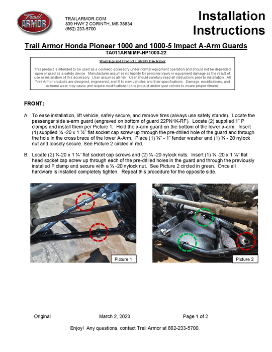 Trail Armor Honda Pioneer 1000 and Honda Pioneer 1000-5 iMpact A-Arm Guards 2022 - 2023