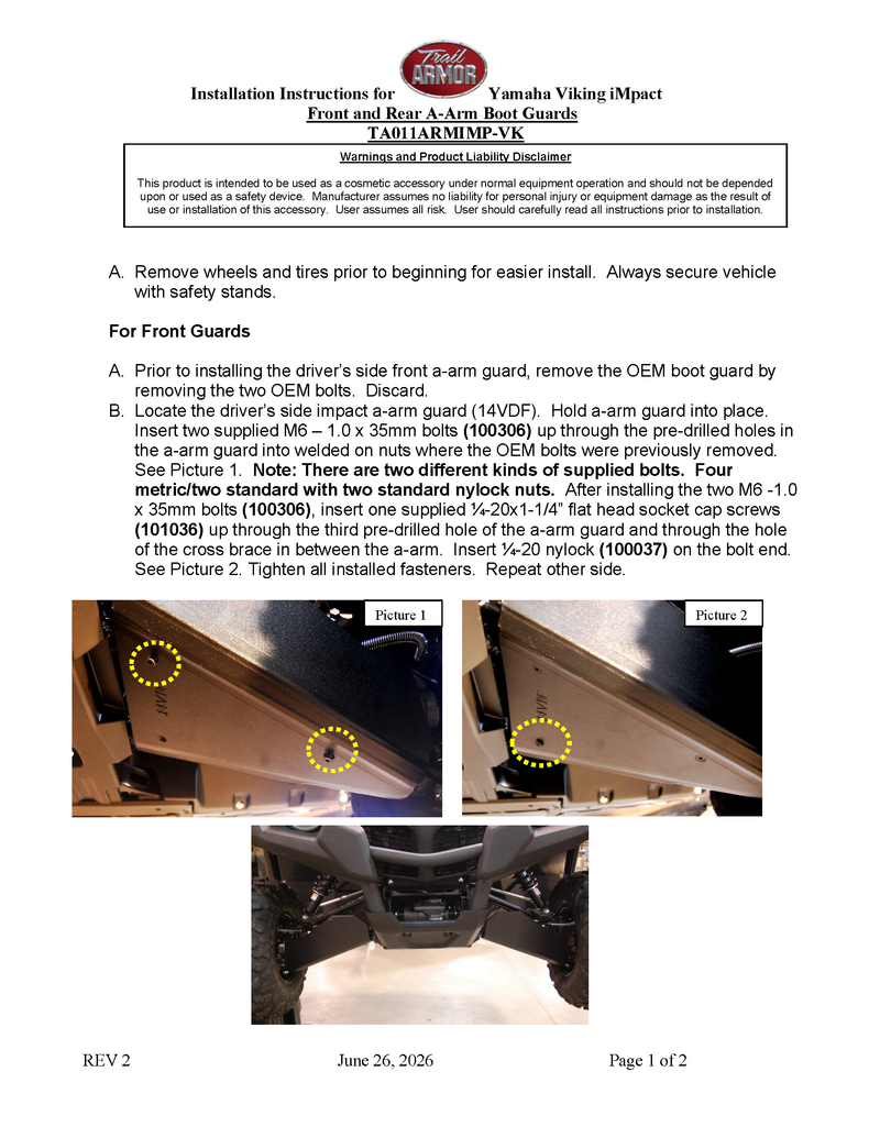 Trail Armor Yamaha Viking and Viking VI iMpact A-Arm Front and Rear Guards 2014 - 2024