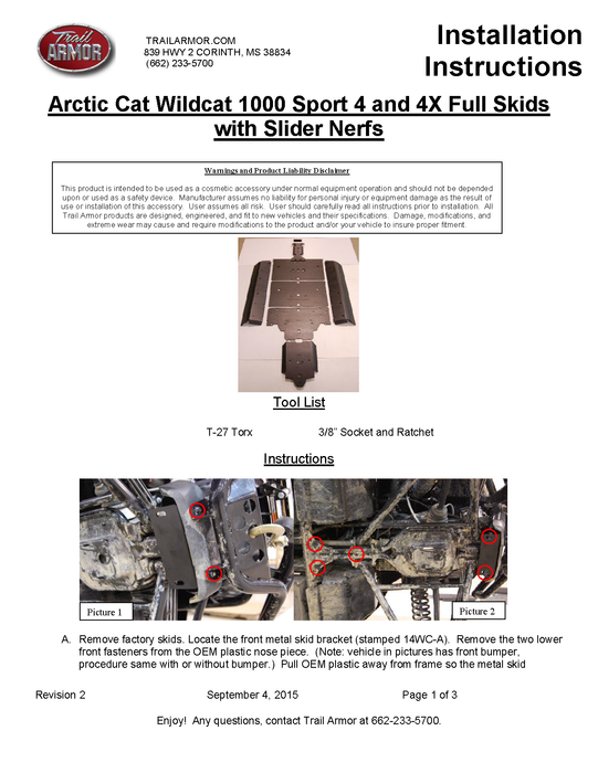 Trail Armor Arctic Cat Wildcat 4X Limited, Wildcat 4 Limited, Wildcat 4X, Wildcat 4 Full Skids with Slider Nerfs 2013-2016, 2018
