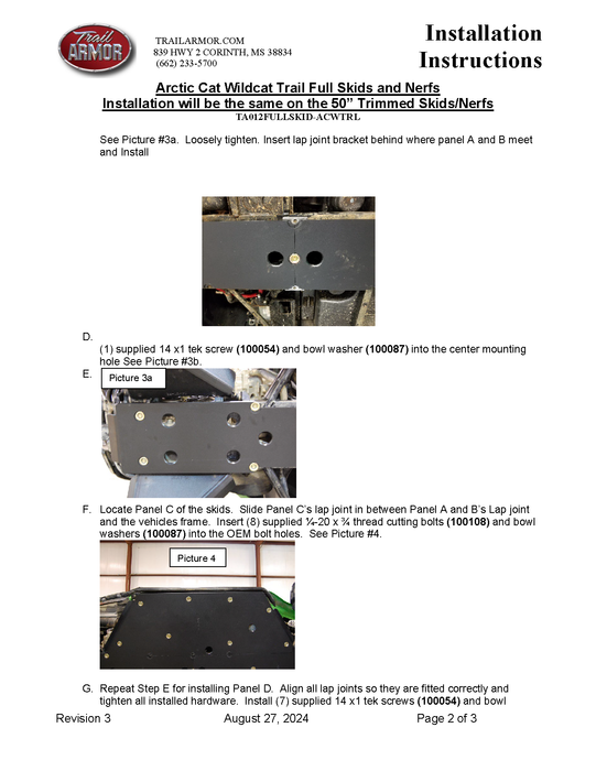 Trail Armor Arctic Cat Wildcat Trail, Wildcat Trail XT, Wildcat Trail Limited EPS, Wildcat Sport Limited EPS, Wildcat Sport XT, Wildcat Sport Full Skids with Slider Nerfs or Trimmed Nerf for 50" Trail Width Fits 2014-2019