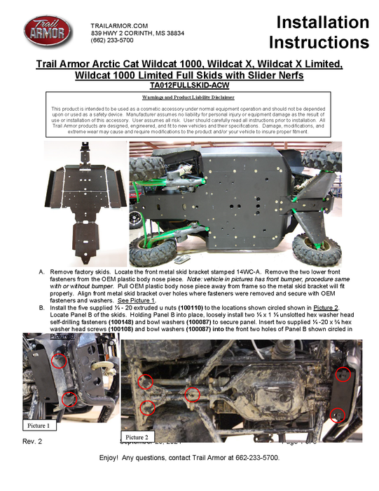 Trail Armor Arctic Cat Wildcat 1000, Wildcat X, Wildcat X Limited, Wildcat 1000 Limited Full Skids with Slider Nerfs 2013 - 2018