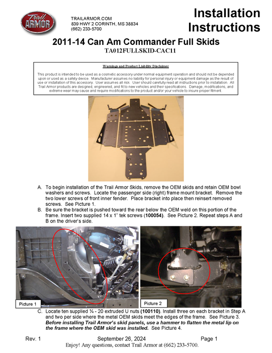 Trail Armor Can Am Commander 800, 800 DPS, 800 XT, 1000, 1000 DPS, 1000 X, 1000 XT, 1000 XT-P, 1000 Limited Full Skids with Integrated Slider Nerfs 2015-2020