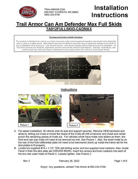 Trail Armor Can Am Defender Max, Defender Max XT, Defender Max XT Cab HD10, Defender Max X MR HD10, Defender Pro DPS HD10, Defender Pro XT HD10, Defender Max HD7, Defender Max HD9, Defender Max DPS HD9, Defender Max XT HD9 Full Skids