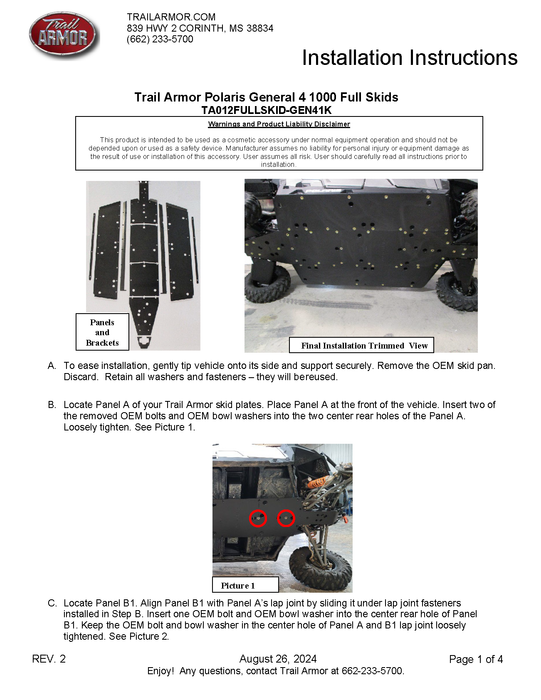 Trail Armor Polaris General 4 1000 and General XP 4 1000 Full Skids (all editions) 2017 - 2025