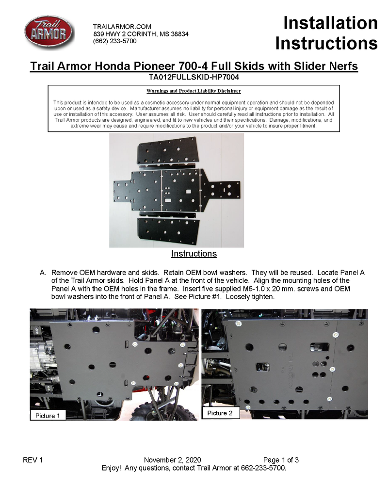 Trail Armor 2014 - 2025 Honda Pioneer 700-4, 2017 - 2025 Pioneer 700-4 Deluxe, 2025 Pioneer 700-4 Forest Full Skids