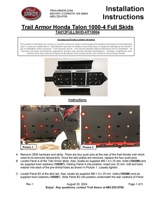 Trail Armor 2020 - 2022, 2024 Honda Talon 1000X-4, 2020 - 2024 Talon 1000S-4 Fox Live Valve, 2023 Talon 1000XS-4, Talon 1000XS-4 Fox Live Valve, 2023 - 2024 Talon 1000R-4 Fox Live Valve Full Skids