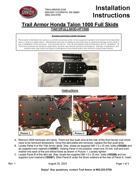 Trail Armor Honda Talon 1000 R, Talon 1000 X, Talon 1000 R Fox Live Valve, Talon X Fox Live Valve, Talon 1000 XS, Talon 1000 RS, Talon 100 XS Fox Live Valve, Talon 1000 RS Fox Live Valve Full Skids