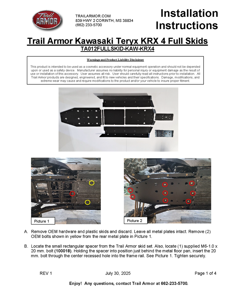 Trail Armor 2023 - 2026 Kawasaki 4 KRX 1000 (all editions) Full Skids with Integrated Side Skid Plates