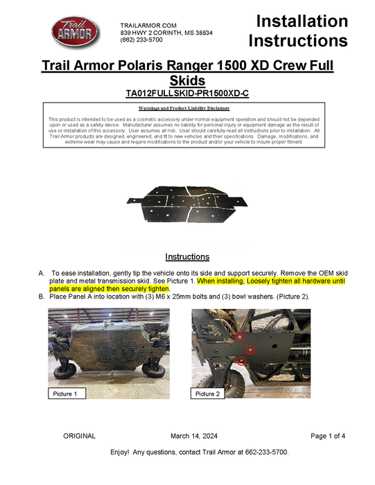 Trail Armor 2024 Polaris Ranger 1500 XD, 1500 XD Crew Full Skids