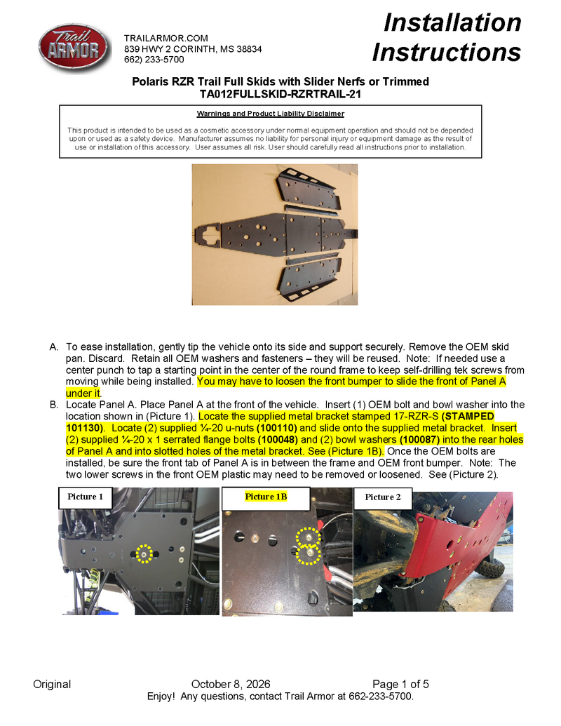 Trail Armor Polaris RZR Trail, Trail S 900 and Trail S 1000 Full Skids with Slider Nerfs or Trimmed for Polaris Kick Out Steel Rock Sliders 2021 - 2026