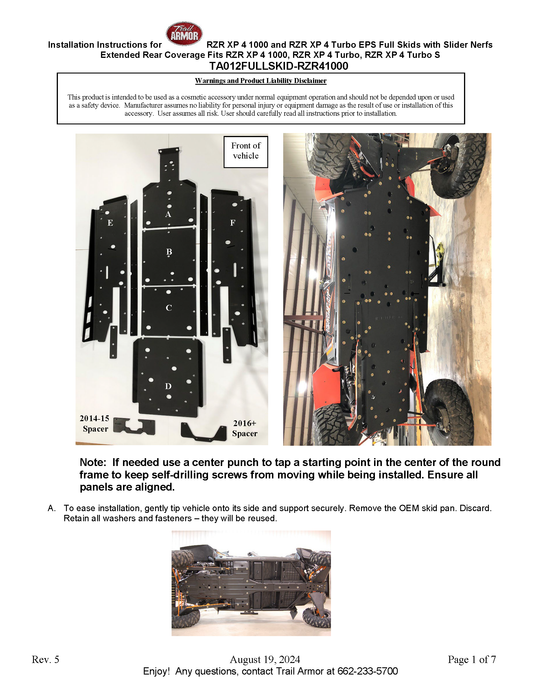 Trail Armor 2014 - 2023 RZR 4  XP 1000 (Standard, Sport, Premium, Ultimate, Highlifter),  2016 - 2021 RZR 4 XP Turbo, 2019 - 2021 RZR 4 XP Turbo S and RZR 4 XP Turbo S Velocity Full Skids with Slider Nerfs