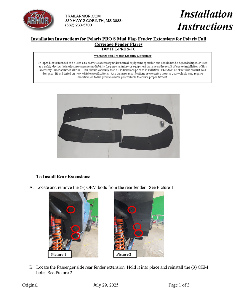 Trail Armor 2025 RZR Pro S and Pro S 4 Mud Flap Fender Extensions Mud Flap Fender Extensions