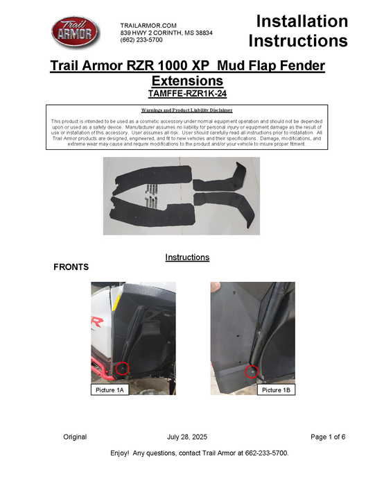 Trail Armor 2024 - 2026 RZR XP 1000 and RZR XP 4 1000 (Sport, Premium, Ultimate) Mud Flap Fender Extensions