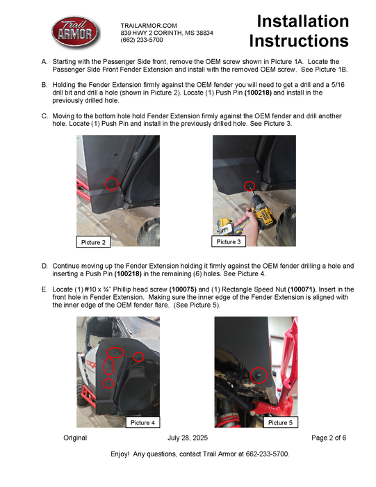 Trail Armor 2024 - 2026 RZR XP 1000 and RZR XP 4 1000 (Sport, Premium, Ultimate) Mud Flap Fender Extensions