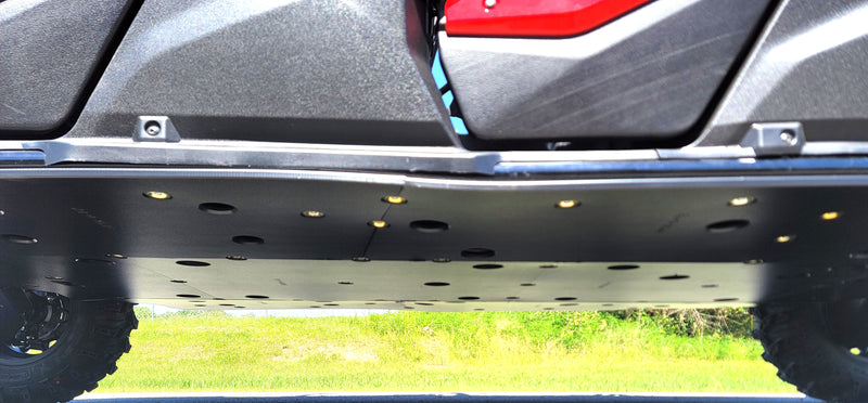 Trail Armor full skid belly plate close up view with mounting hardware on Honda Pioneer 1000-6 Crew 2023-2024
