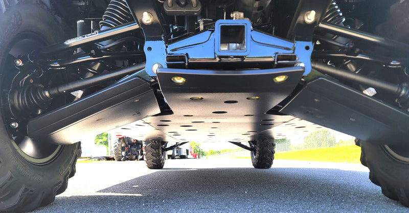 Trail Armor full skid plate rear undercarriage view with hitch receiver on Honda Pioneer 1000-6 Crew 2023-2024