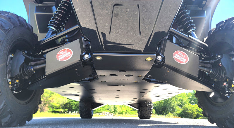 Trail Armor full skid plates undercarriage front view with A-arm guards on Honda Pioneer 1000-6 Crew 2023-2024