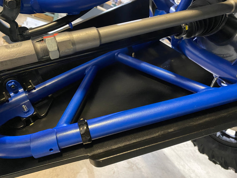 Trail Armor iMpact front A-arm guard frame and steering rack detail on blue Honda Talon 1000R R-4 Fox Live Valve 2024-2026