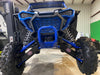 Trail Armor iMpact front A-arm guards front view with logo badges on blue Honda Talon 1000R R-4 Fox Live Valve 2024-2026
