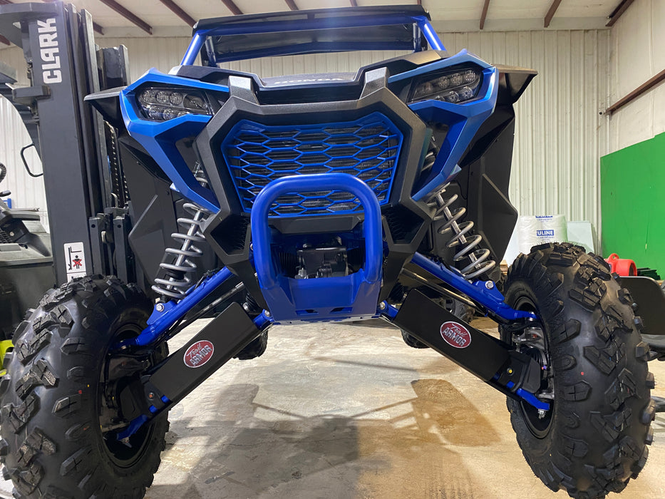Trail Armor iMpact front A-arm guards front view with logo badges on blue Honda Talon 1000R R-4 Fox Live Valve 2024-2026