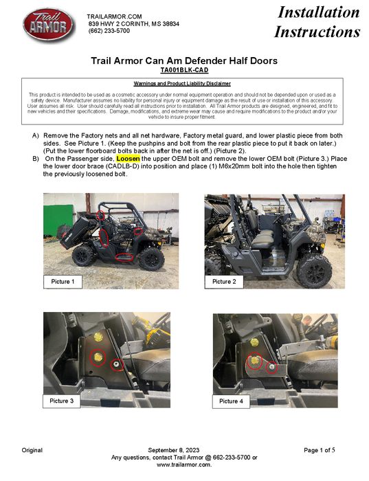 Trail Armor 2023 Can Am Defender, Defender XT, Defender XMR, Defender 6x6 and Defender Pro Half Doors