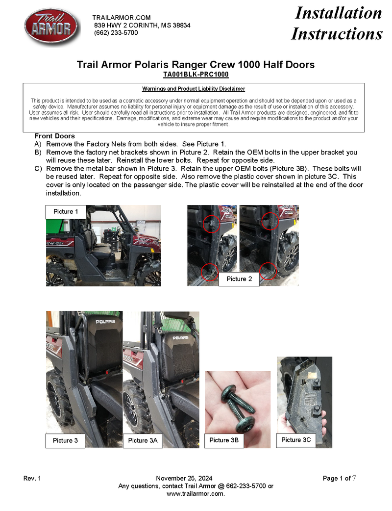 Trail Armor Ranger Crew and Ranger XP Crew 1000 Half Doors 2021 - 2024