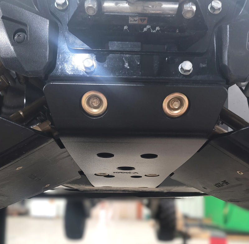 Trail Armor black full skid plate front section mounting hardware close-up on Kawasaki KRX 4 1000