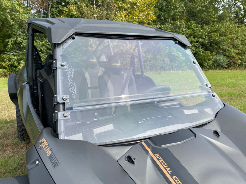 Trail Armor CoolFlo Windshield side angle on Kawasaki KRX 4 1000 Special Edition with brand decal