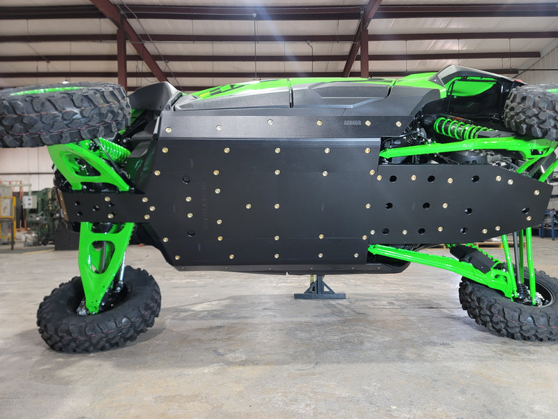 Trail Armor Kawasaki Teryx 4 H2 full skid plates installed undercarriage view with side skids