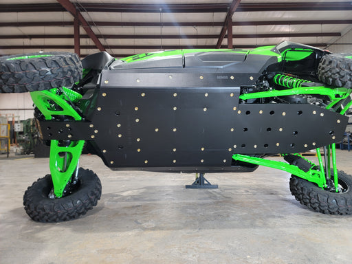 Trail Armor Kawasaki Teryx 4 H2 full skid plates installed undercarriage view with side skids