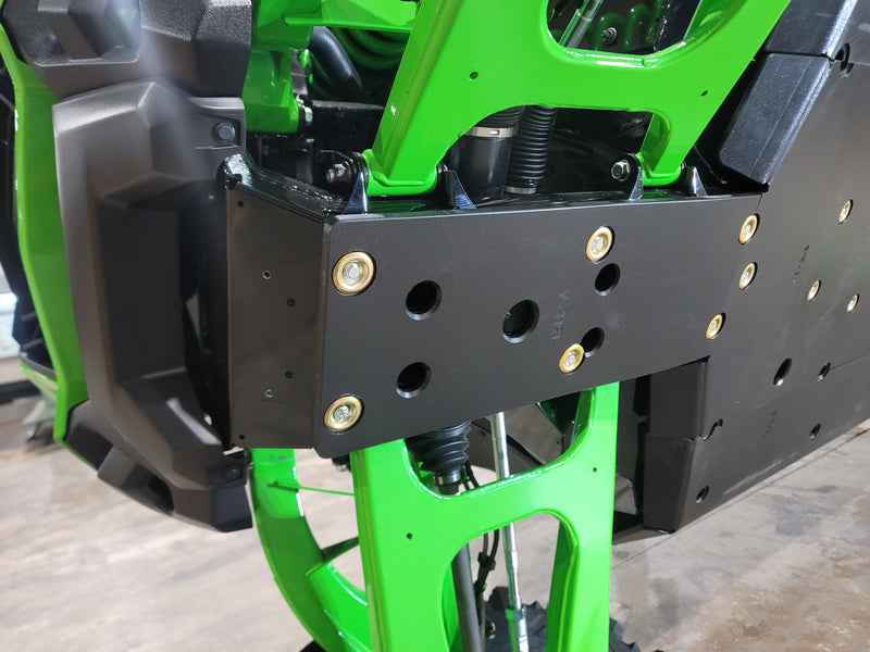 Trail Armor Kawasaki Teryx 4 H2 skid plate front mounting corner with brass hardware closeup