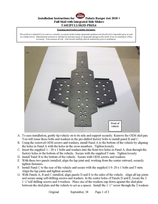 Trail Armor installation guide for a Polaris Ranger 800 6x6 full skid plate with sliders