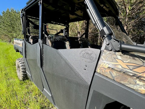 Trail Armor half doors with embossed logo installed on a Polaris Ranger Crew 1000