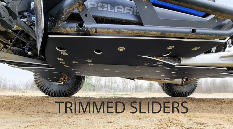 Trail Armor trimmed sliders on Polaris RZR Pro R skid plate, underside view