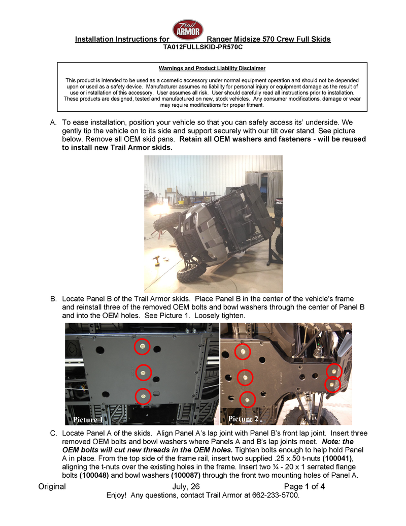 Trail Armor Ranger Midsize 570 Crew full skid plate installation instructions, page 1