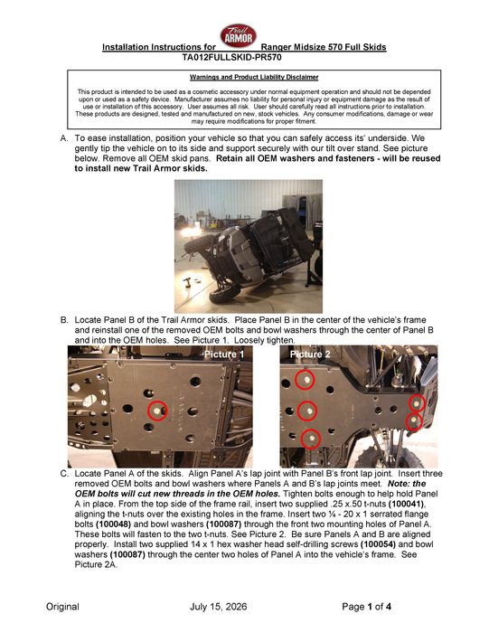 Trail Armor Ranger Midsize 570 full skid plate installation instructions, page 1 diagram